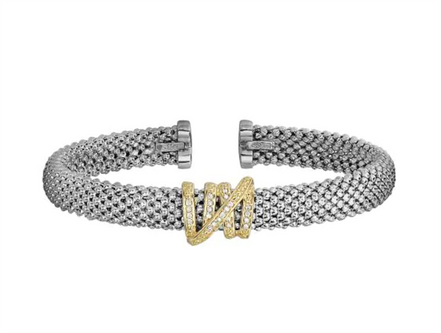 Sterling Silver And 18K Yellow Gold 7MM Popcorn Diamond Tally Cuff Bracelet