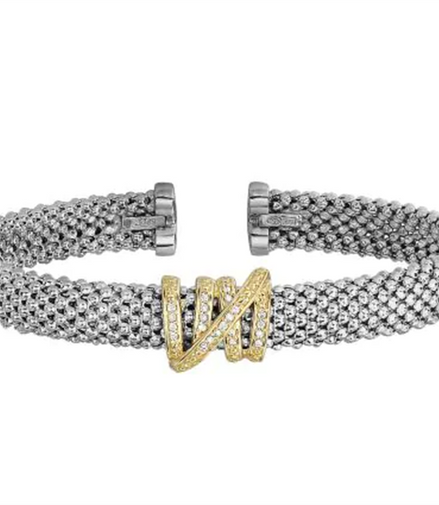 Sterling Silver And 18K Yellow Gold 7MM Popcorn Diamond Tally Cuff Bracelet