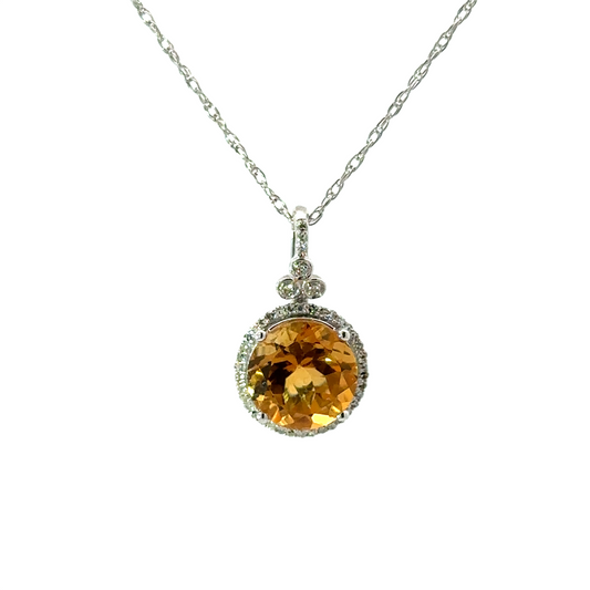 Ladies 14K White Gold Citrine And Diamond Round Pendant Necklace