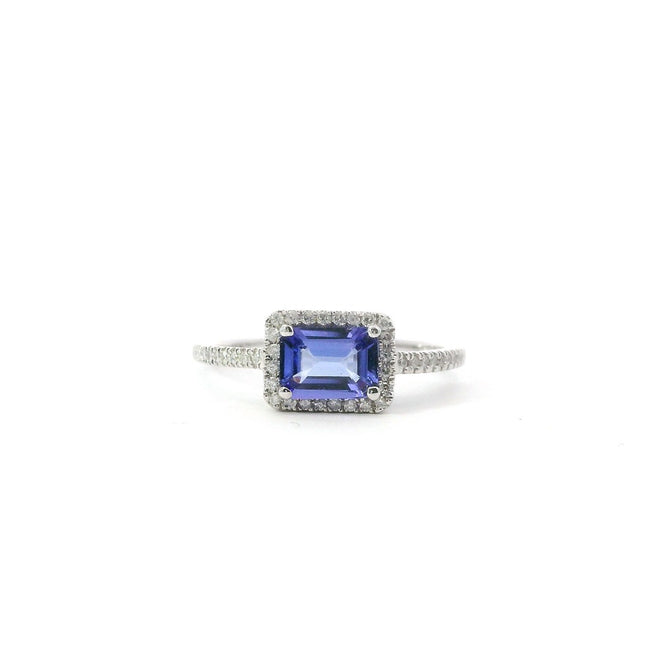 14K White Gold Diamond And Tanzanite Halo Fashion Ring