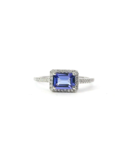 14K White Gold Diamond And Tanzanite Halo Fashion Ring