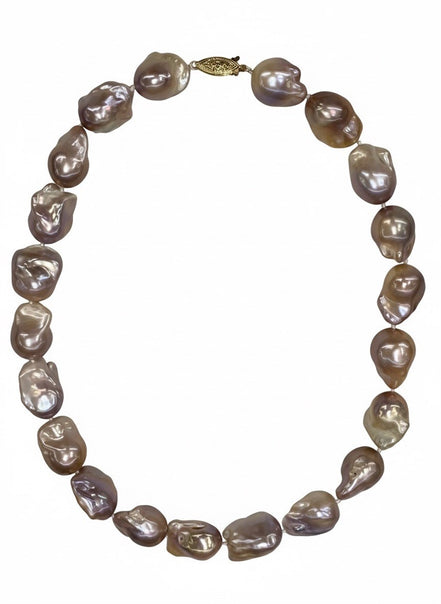 14K Yellow Gold "AAA"  Pink/Purple Baroque Pearl Necklace