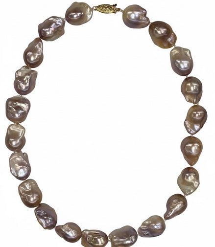 14K Yellow Gold "AAA"  Pink/Purple Baroque Pearl Necklace