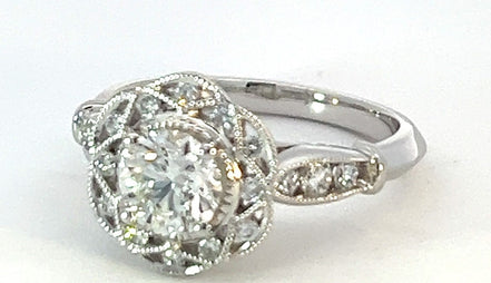 Platinum 1 CTW Diamond Floral And Miligrain Engagement Ring