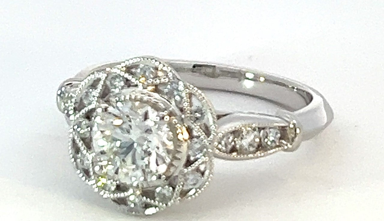 Platinum 1 CTW Diamond Floral And Miligrain Engagement Ring