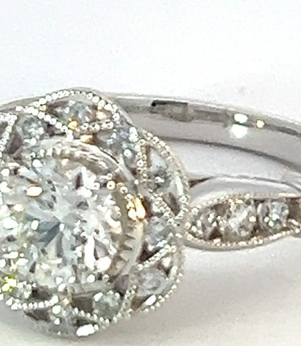 Platinum 1 CTW Diamond Floral And Miligrain Engagement Ring